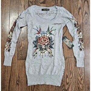 New Vtg Ed Hardy Love and Roses Embellished Gray Wool Sweater Sz XS Skulls